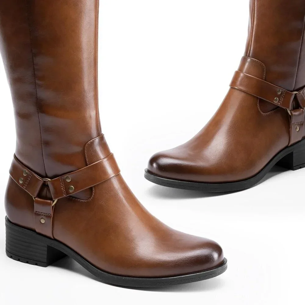 🆕Women's Polyurethane Light Brown Buckle Side Zipper Squared Toe Knee High Boot